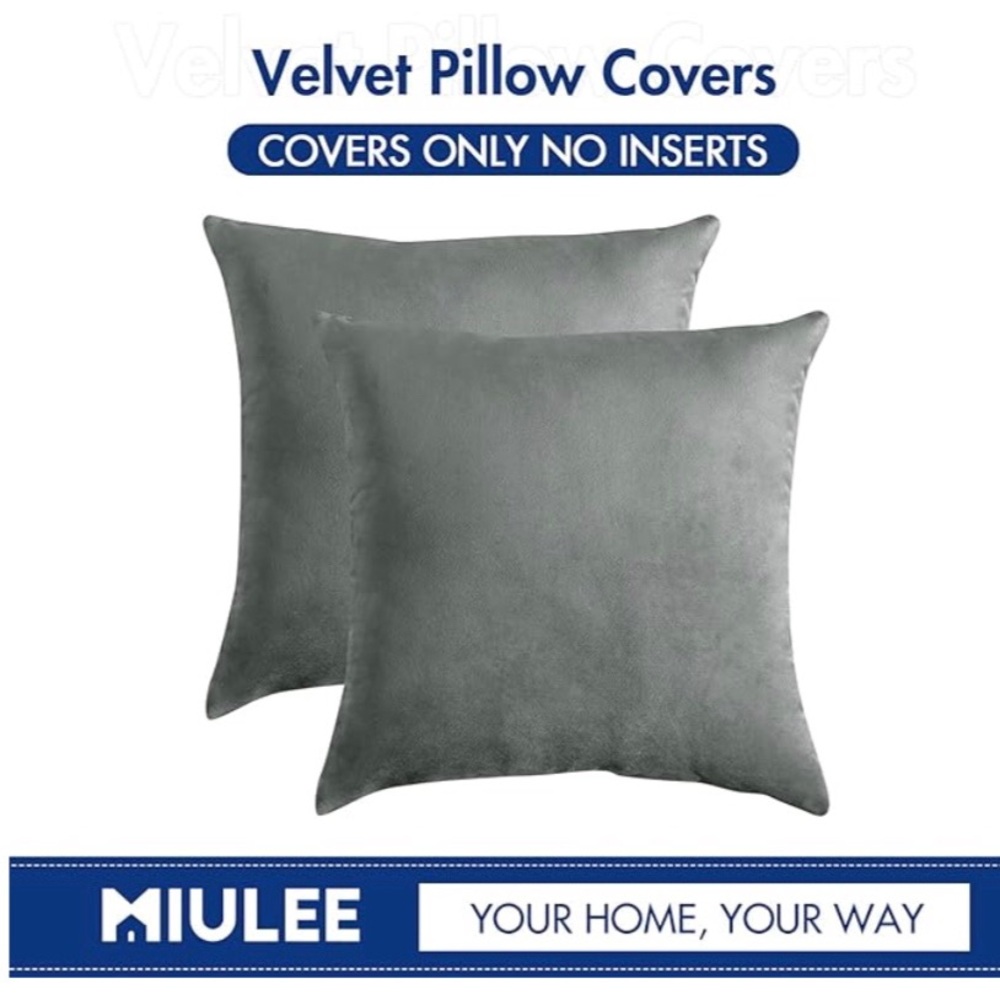 Miulee (2) grey soft velvet like pillow cases (no insert) 20 x20 inches NIB